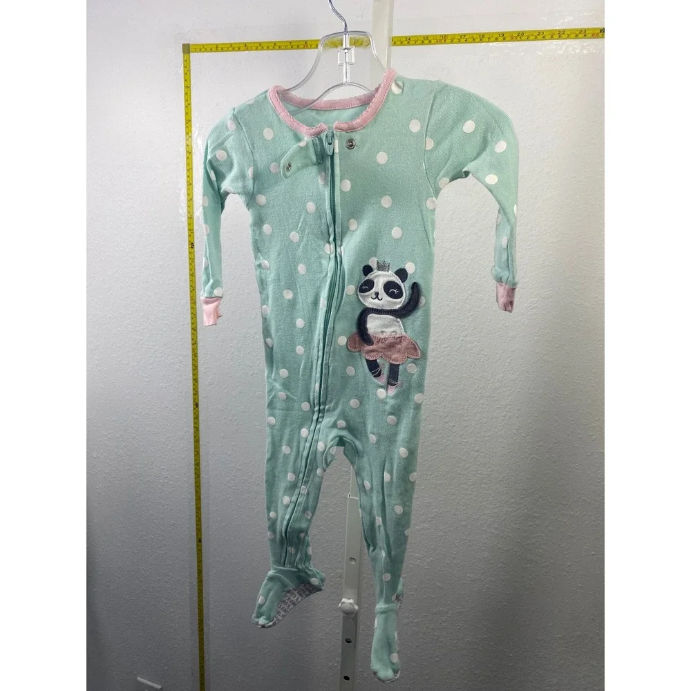 Carters 12M Mint Green Polka Dot Panda Ballerina Footed Pajama Sleep Play Zipper